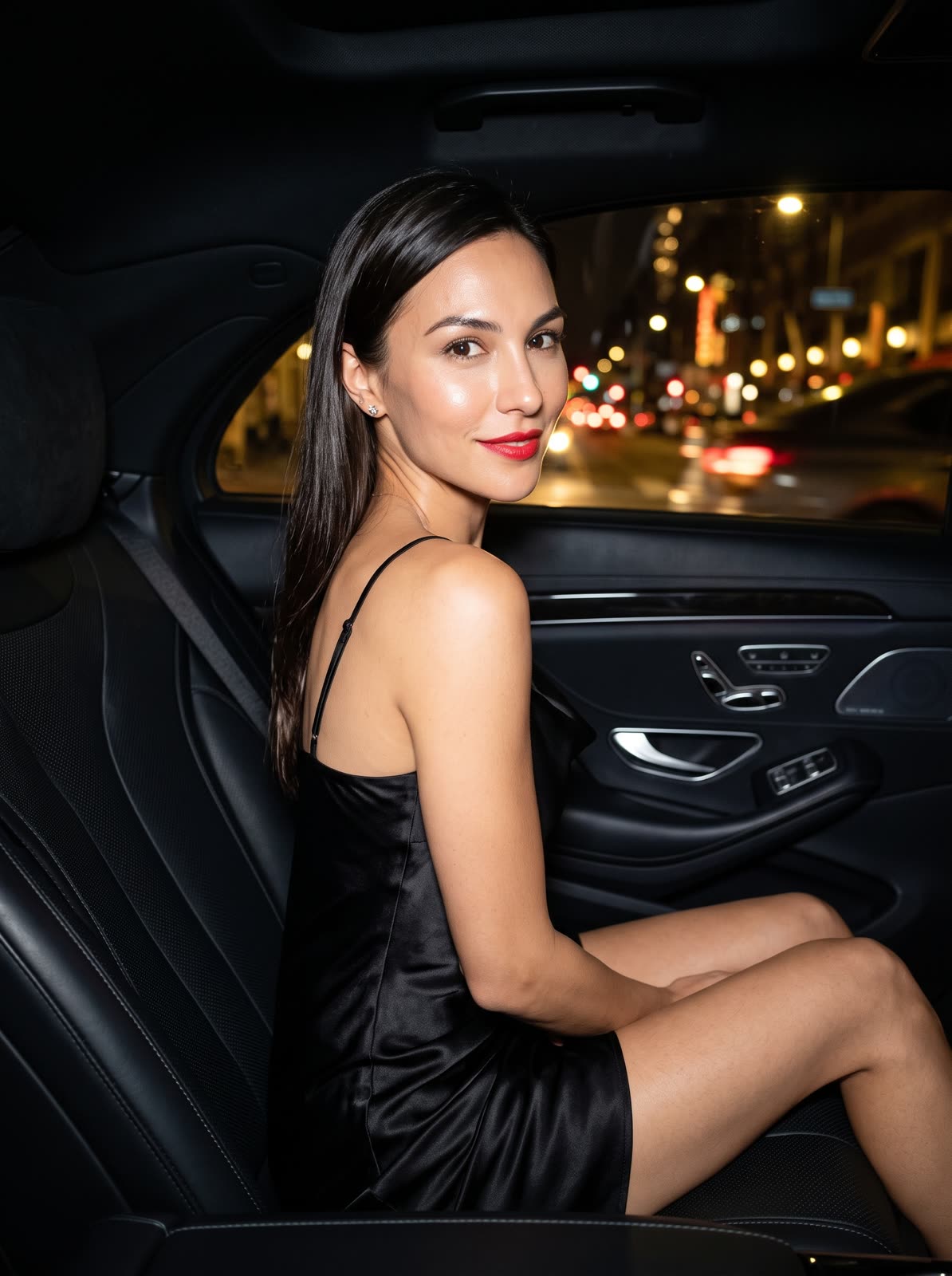 Mia in the back seat of a car at night